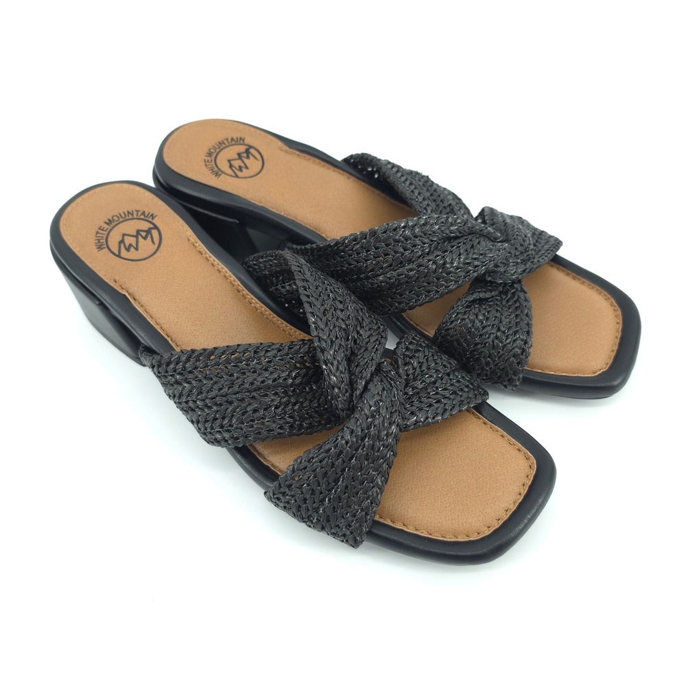 White Mountain Womens Mills Woven Raffia Block Heel Sandals Black Size 9M Square